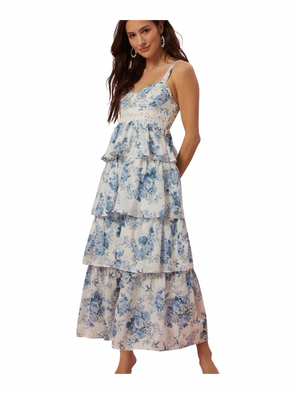 Altar'd State Blue and White Floral Tiered Maxi Dress with Lace Bodice Sz M